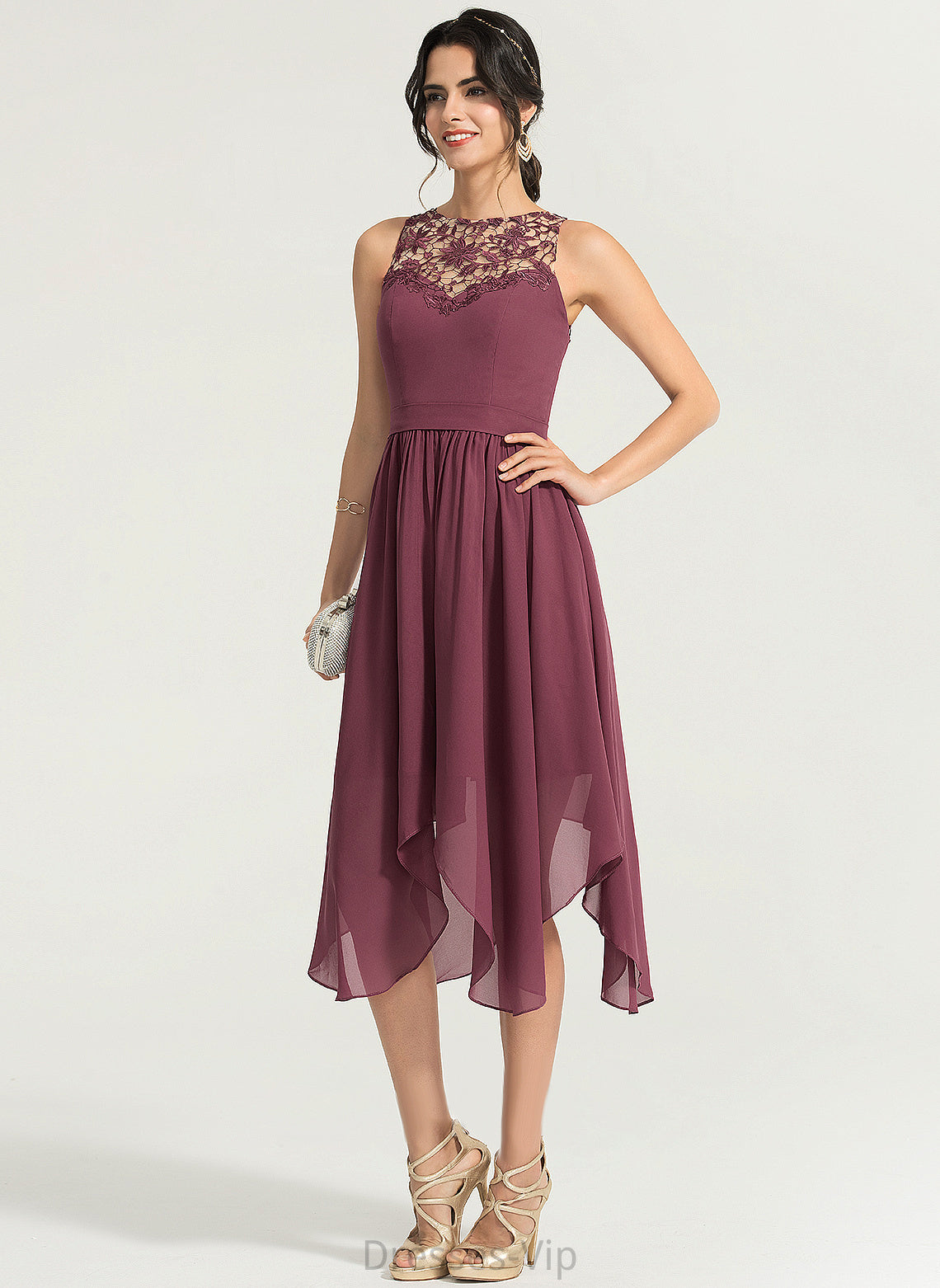 Ashly A-Line Dress Cocktail Scoop Chiffon Asymmetrical Cocktail Dresses Lace Neck