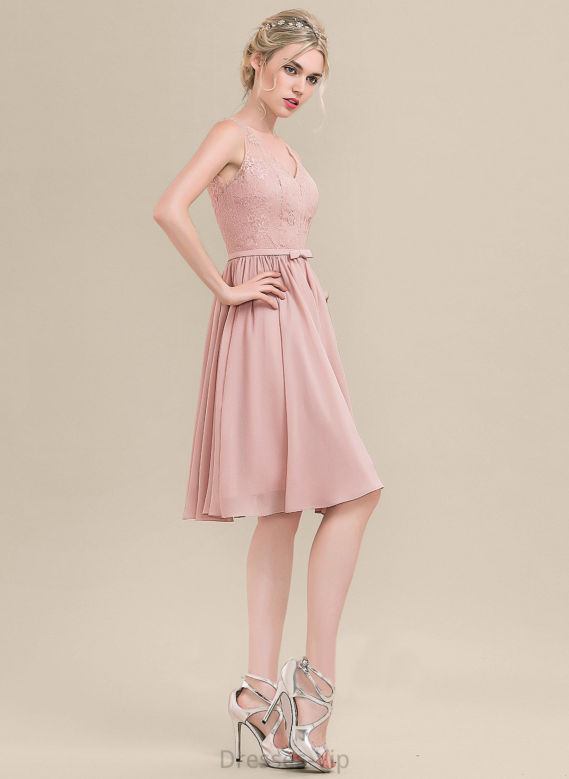 Knee-Length Cocktail Dresses With Cocktail Lace V-neck Chiffon Dress Carla Lace Bow(s) A-Line