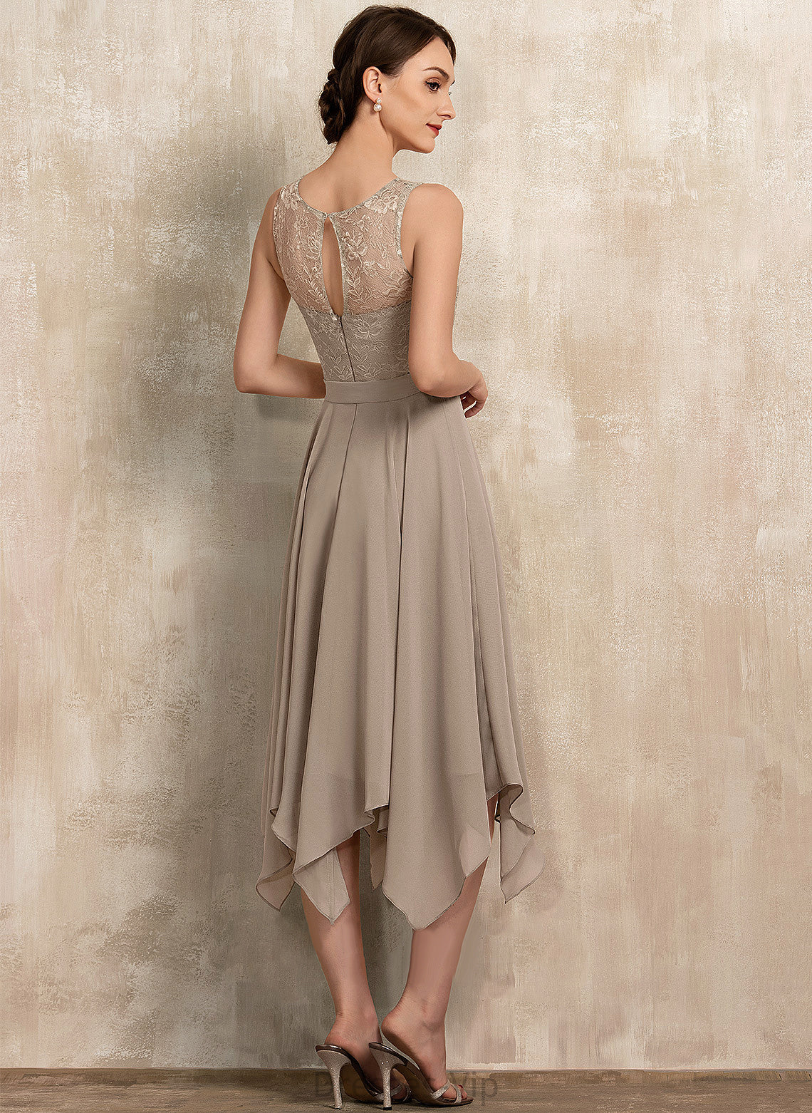 A-Line Bow(s) Tea-Length Ansley With Lace Neck Dress Chiffon Cocktail Cocktail Dresses Scoop