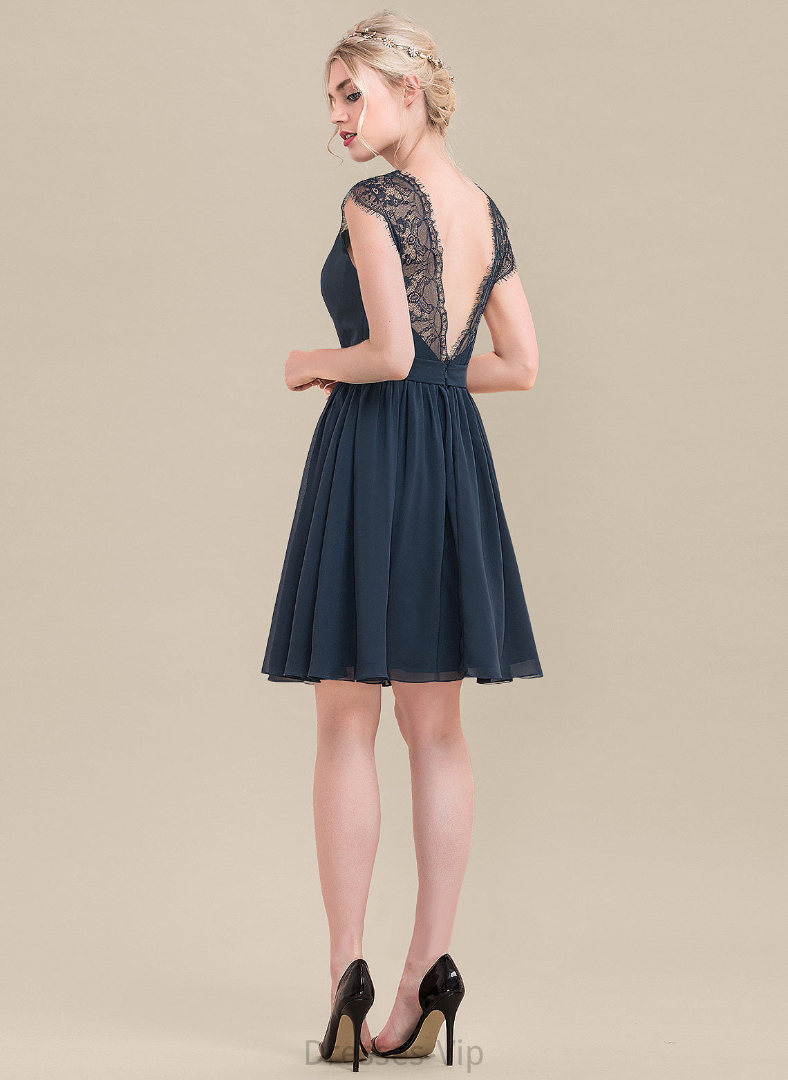 Dress Cocktail Knee-Length Kara Lace Chiffon A-Line V-neck Cocktail Dresses