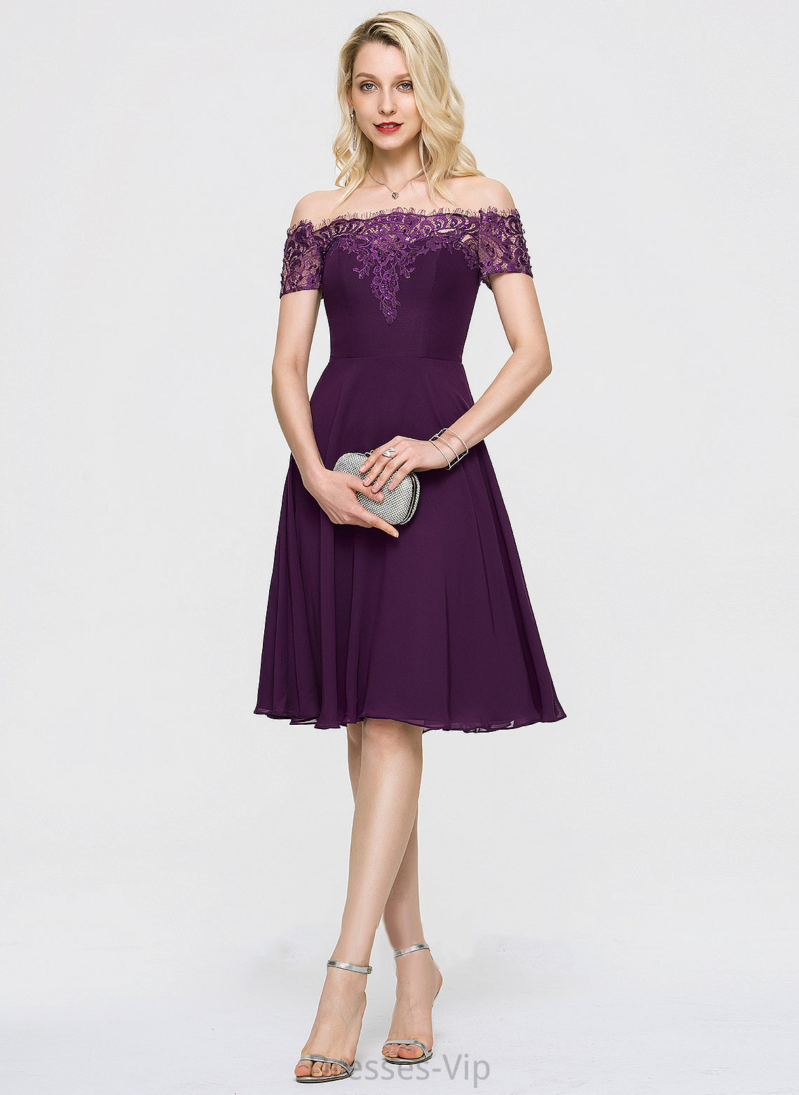 Homecoming Homecoming Dresses Off-the-Shoulder Knee-Length Dress Lace A-Line Beading With Chiffon Quinn