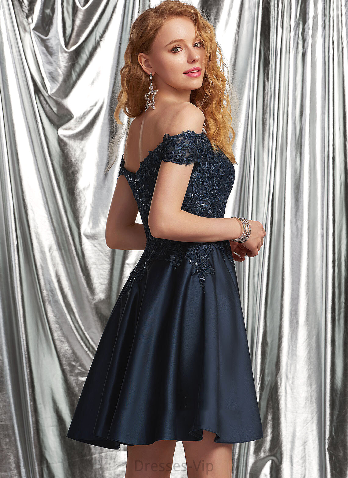 Satin Homecoming With Julianne Homecoming Dresses Off-the-Shoulder A-Line Short/Mini Lace Dress