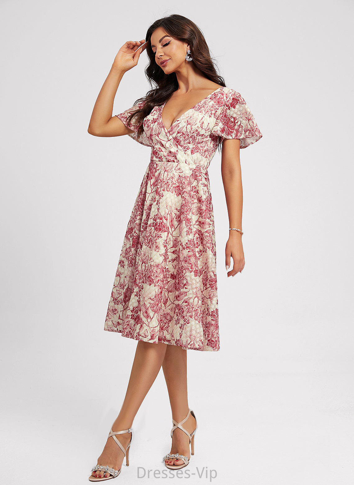 Knee-Length Dress Flower(s) Cocktail V-neck Novia Lace Cocktail Dresses With A-Line