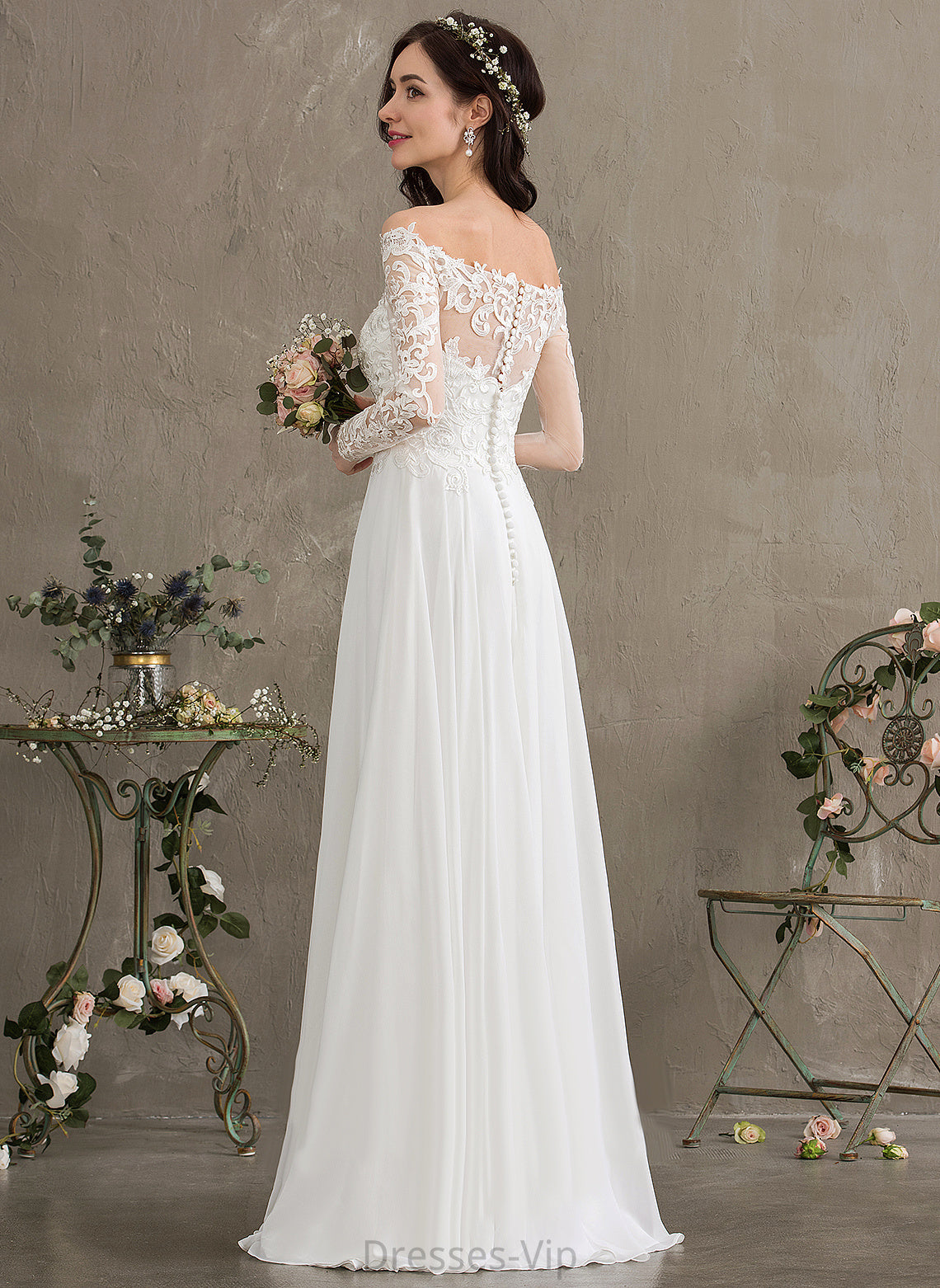 Keely Lace Dress Chiffon Off-the-Shoulder Floor-Length Wedding A-Line Wedding Dresses