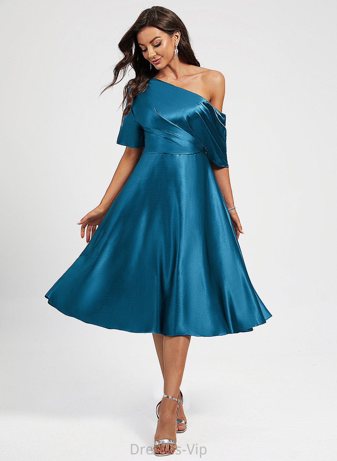 Dress Cocktail Knee-Length Cocktail Dresses A-Line Kaylie One-Shoulder Charmeuse