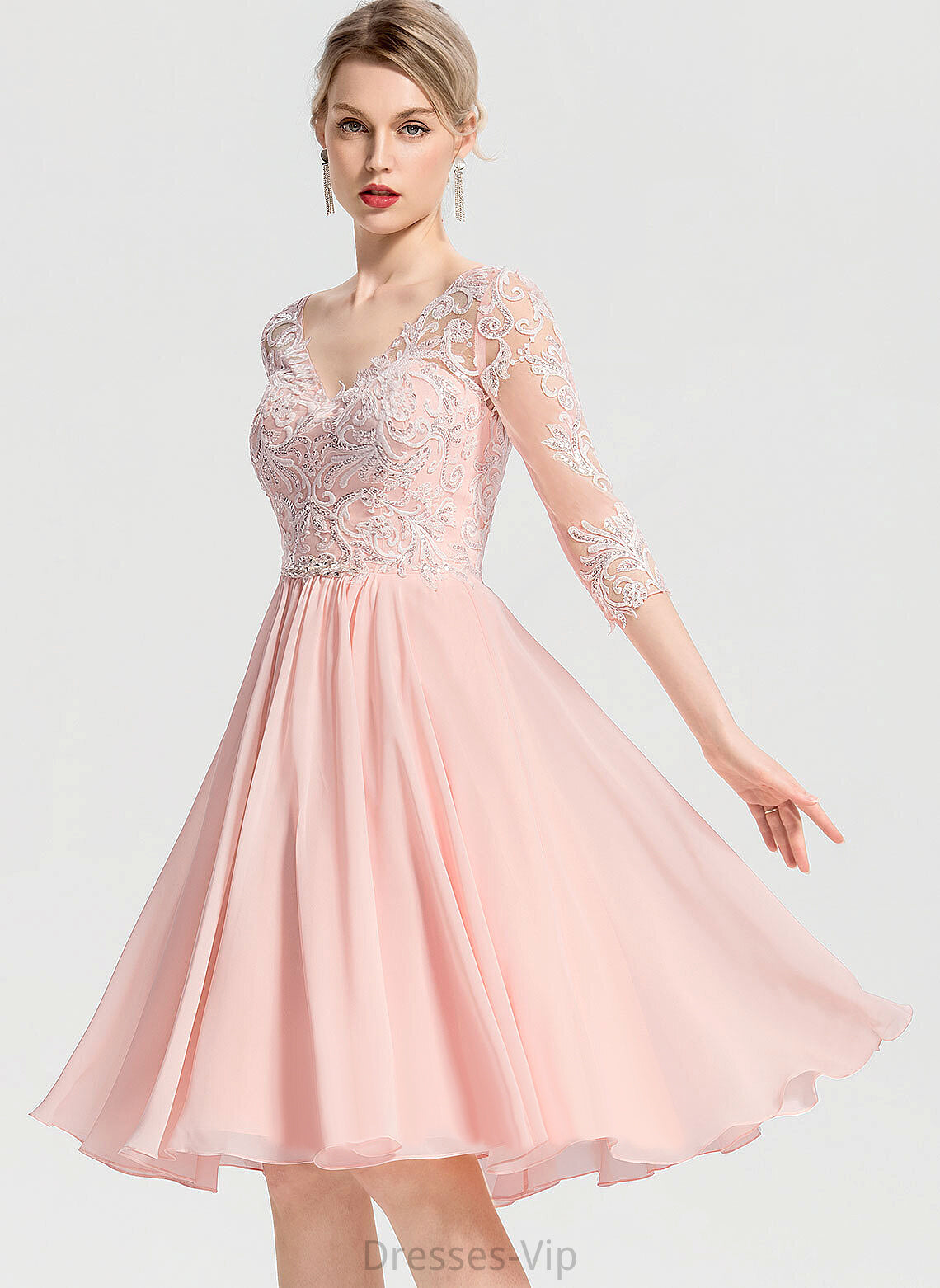 Knee-Length Beading Cocktail Dress Cocktail Dresses Lace V-neck Tianna With Chiffon A-Line