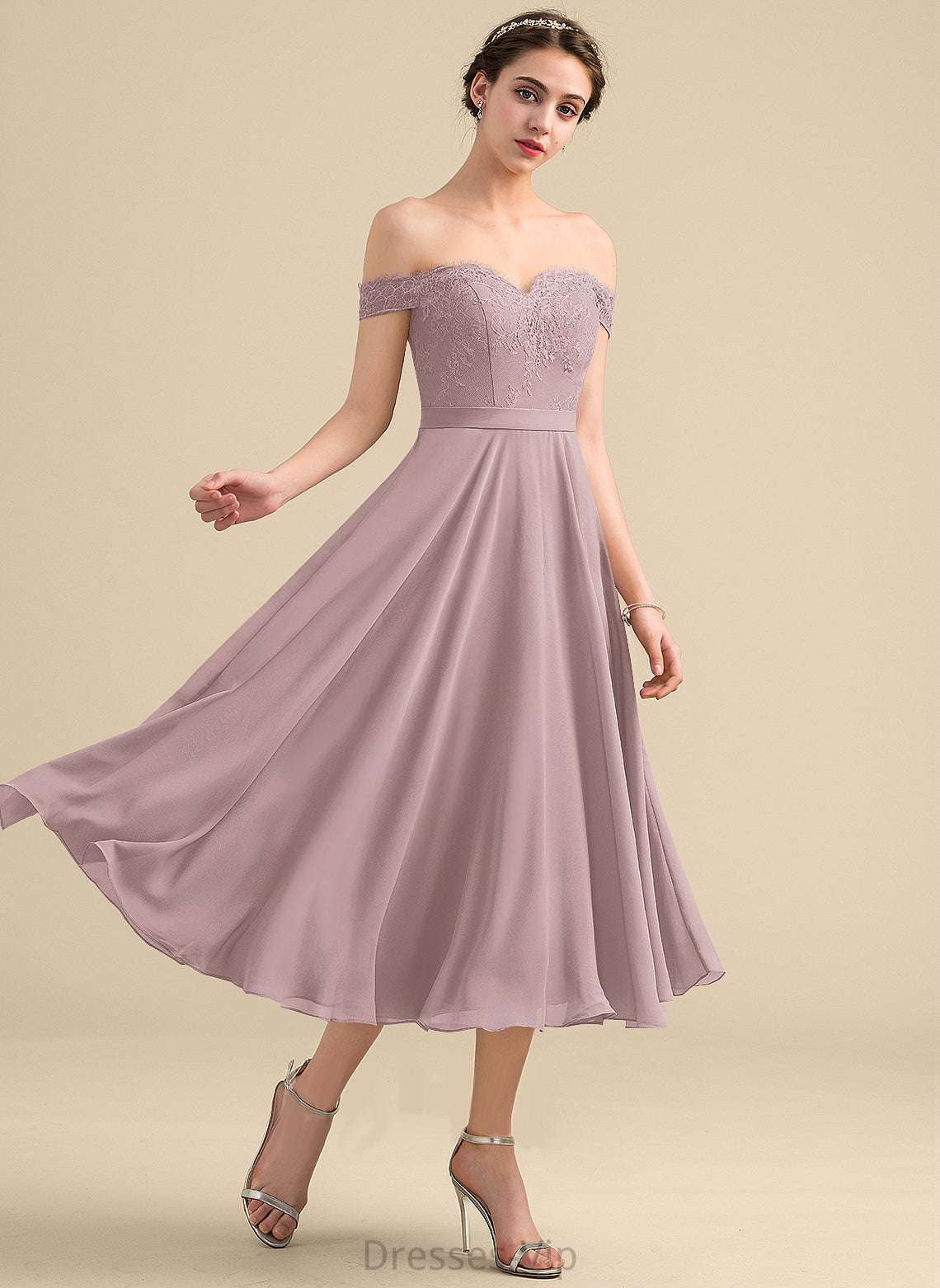 Raina A-Line Homecoming Dresses Dress Off-the-Shoulder Lace Beading With Chiffon Homecoming Tea-Length