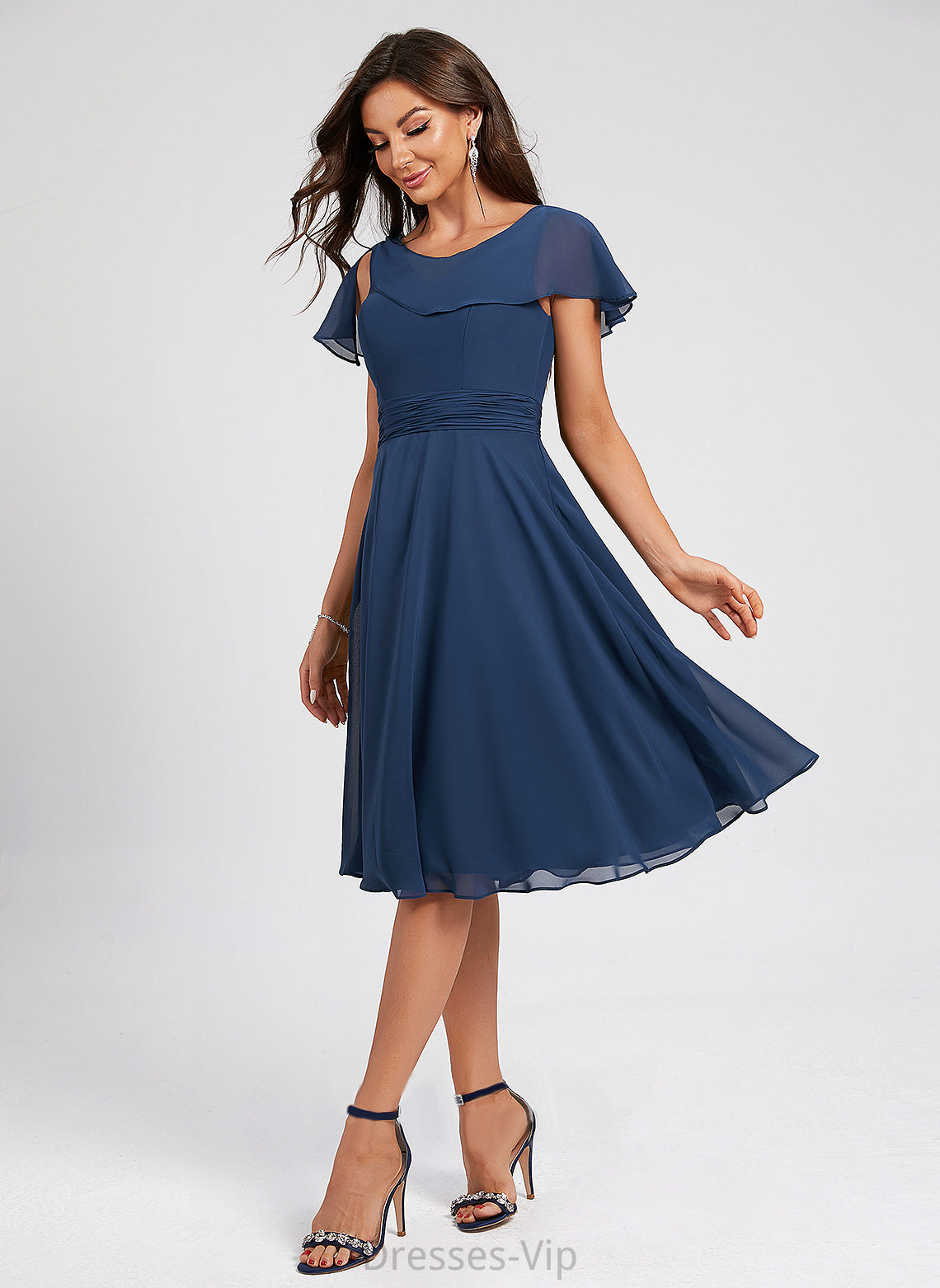 A-Line Regan Cocktail Ruffle Cocktail Dresses Chiffon Dress Knee-Length With Scoop Neck Pleated