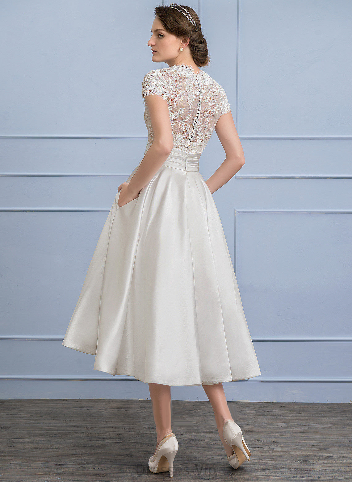 Tea-Length With Dress Patience Satin Ruffle Lace V-neck Wedding A-Line Wedding Dresses