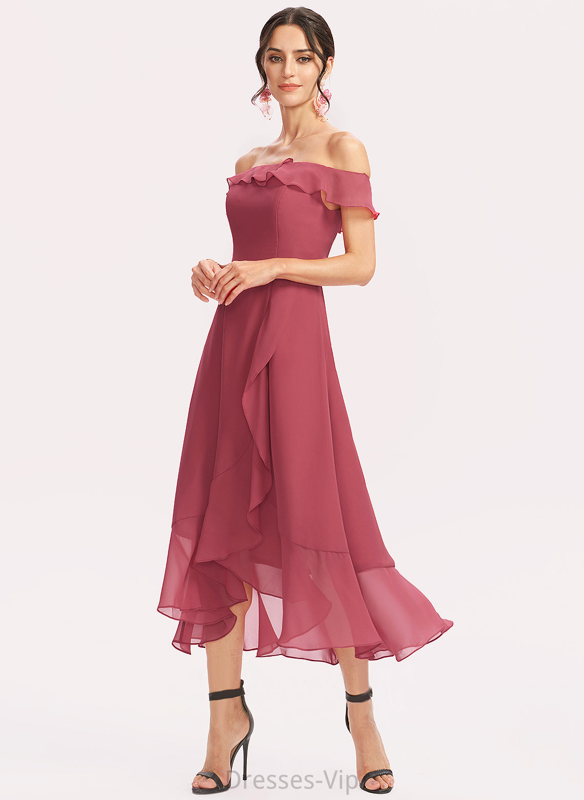 Cocktail Tea-Length Cocktail Dresses A-Line Ruffles Off-the-Shoulder Chiffon Cascading With Dress Renata