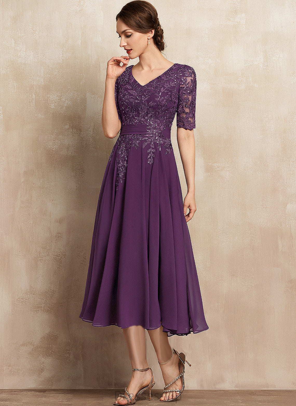 Tea-Length Lace Sequins Cocktail A-Line Clara Cocktail Dresses V-neck Chiffon Dress With