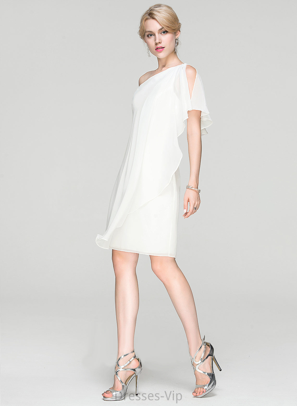 Mayra Dress One-Shoulder With Ruffle Knee-Length Chiffon Sheath/Column Cocktail Cocktail Dresses