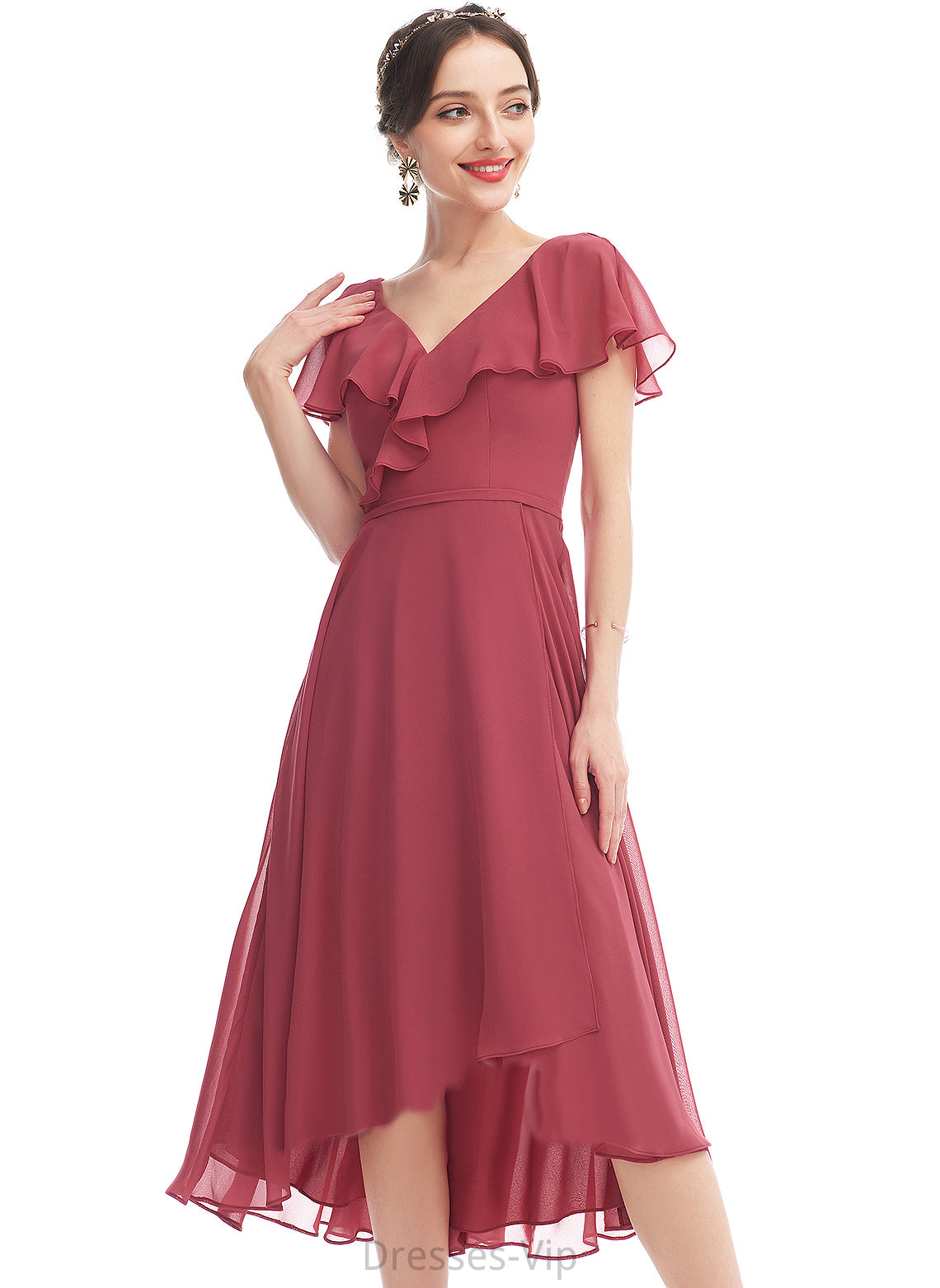 Chiffon Dress Lana With Asymmetrical A-Line Ruffle Cocktail V-neck Cocktail Dresses