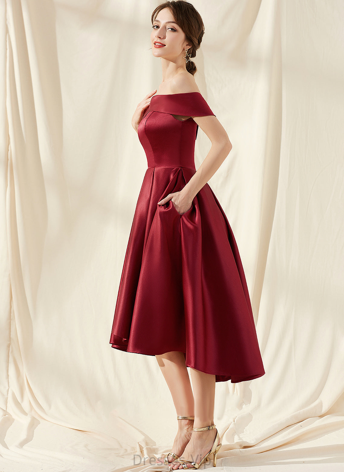 Tori Cocktail Dresses Asymmetrical Cocktail Pockets Satin With A-Line Off-the-Shoulder Dress