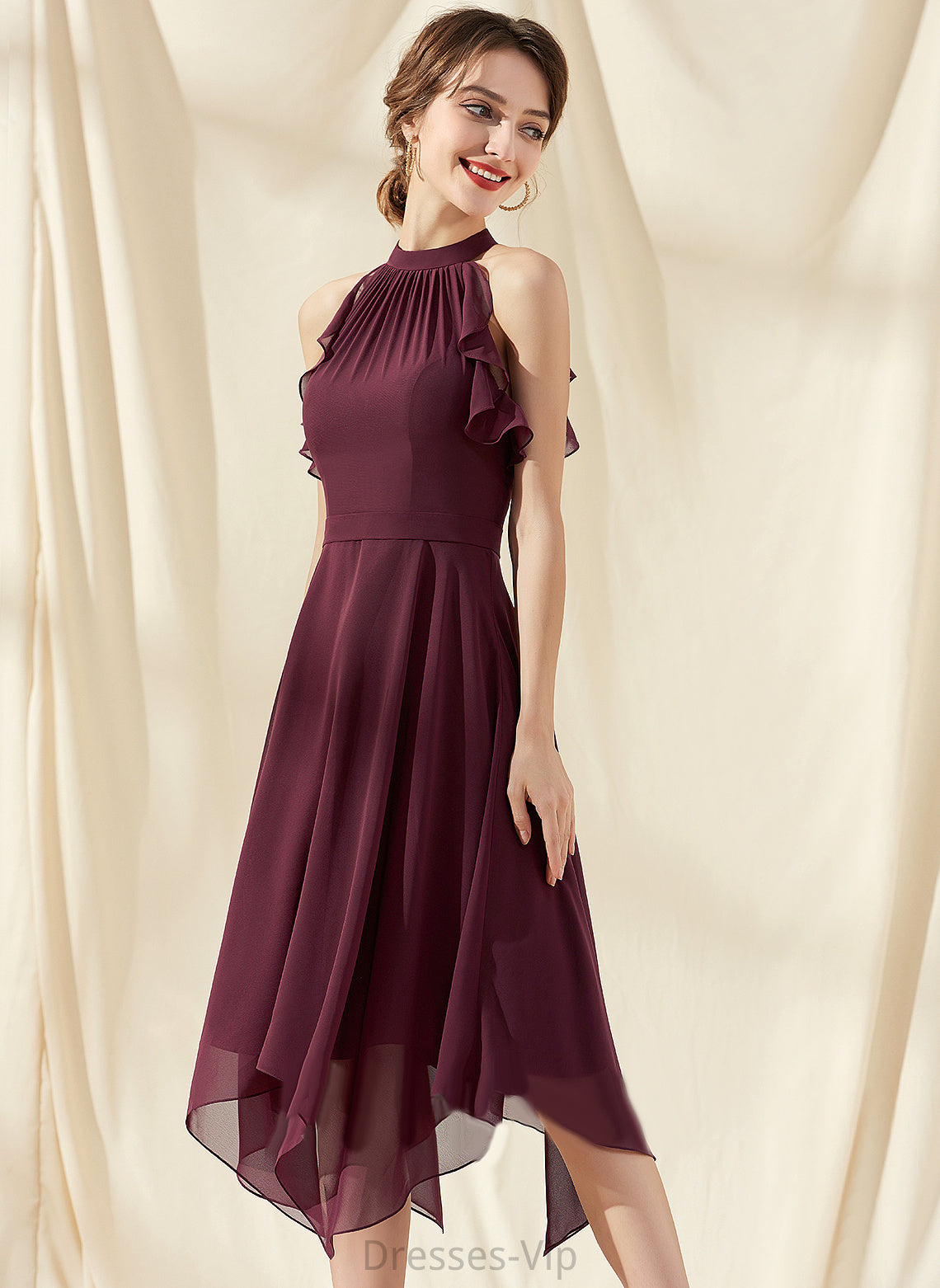 Ruffles With Dress Chiffon Neck Cocktail Priscilla Cocktail Dresses Tea-Length Cascading Scoop A-Line