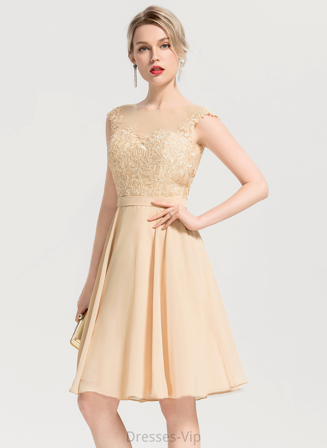 Chiffon Lace Appliques Dress Neck Knee-Length Scoop Cocktail Dresses Lace With A-Line Cocktail Kinsley