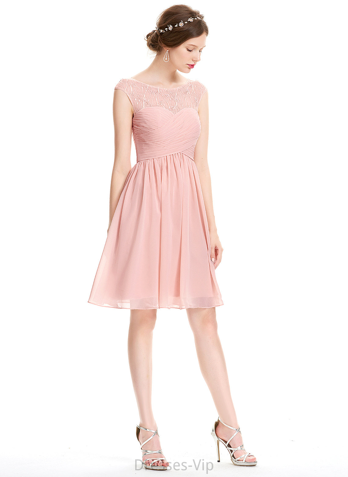 Cecilia With Homecoming A-Line Chiffon Dress Homecoming Dresses Lace Beading Knee-Length Scoop Neck Ruffle