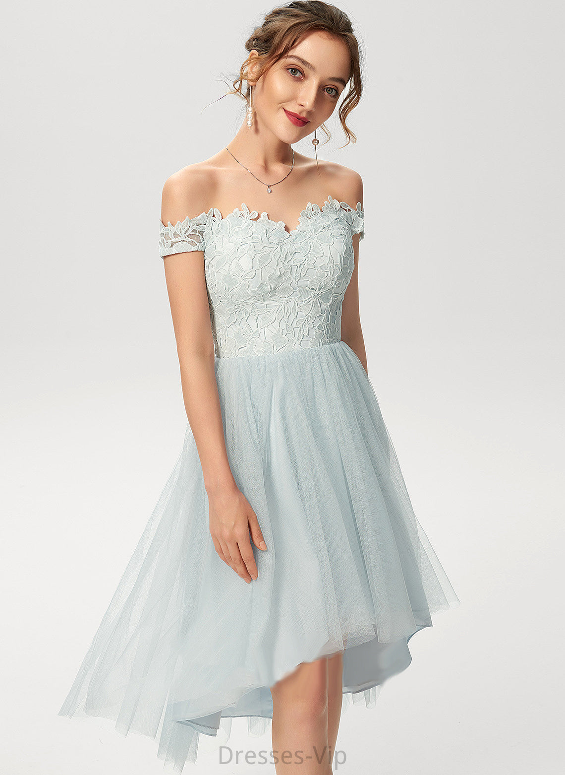 Tulle Dress Off-the-Shoulder A-Line Lace Madeleine Cocktail Dresses Cocktail Asymmetrical