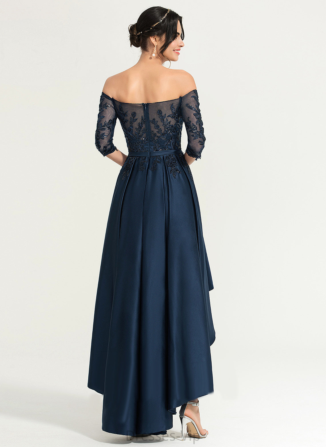 Homecoming Dresses Off-the-Shoulder Homecoming A-Line Lace Asymmetrical Satin Brooke Dress With