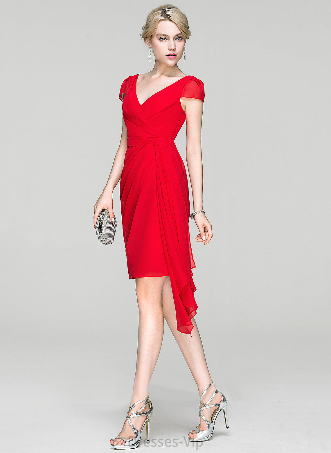 Chiffon Sheath/Column Cara Cascading Dress Knee-Length With Cocktail Ruffles V-neck Cocktail Dresses Ruffle