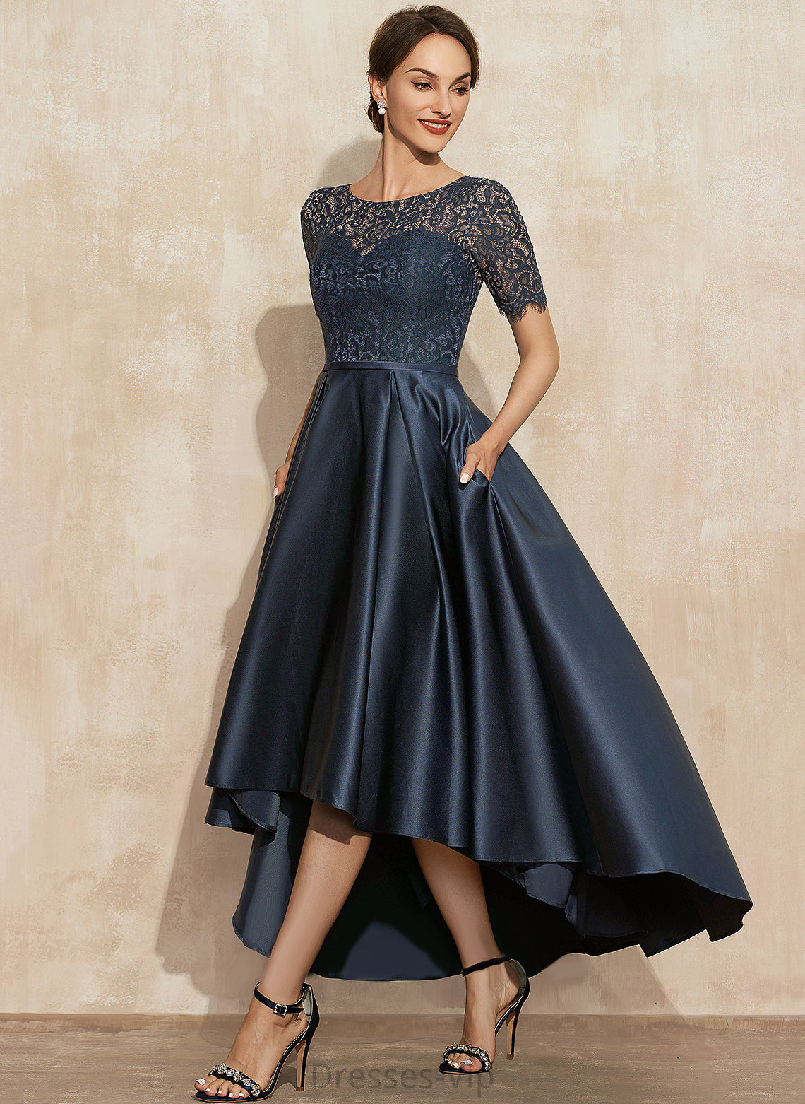 Gemma Satin With A-Line Lace Pockets Cocktail Dresses Dress Scoop Asymmetrical Neck Cocktail