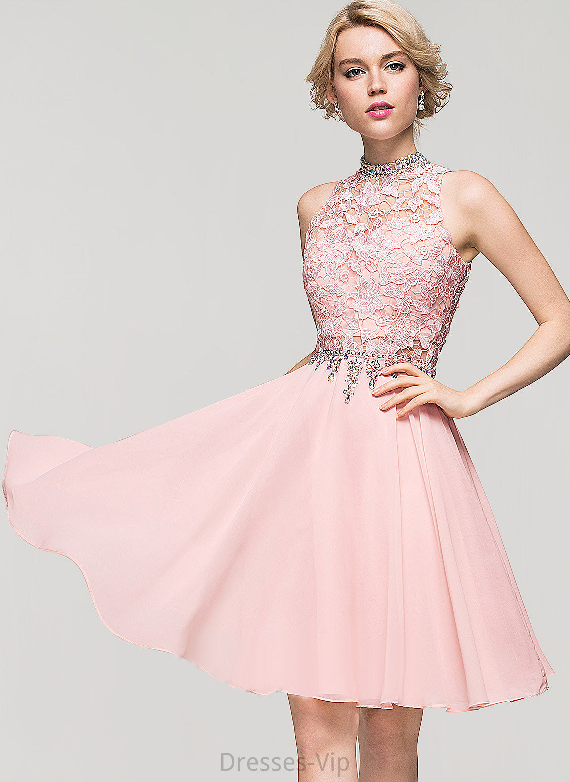 Homecoming Chiffon Neck With High Chelsea Knee-Length A-Line Beading Sequins Homecoming Dresses Lace Dress