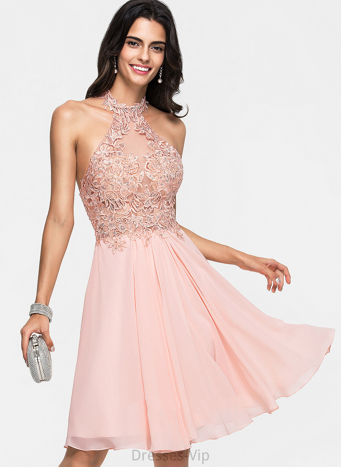 Knee-Length Halter A-Line Chiffon With Homecoming Dresses Beading Lace Homecoming Dress Danielle