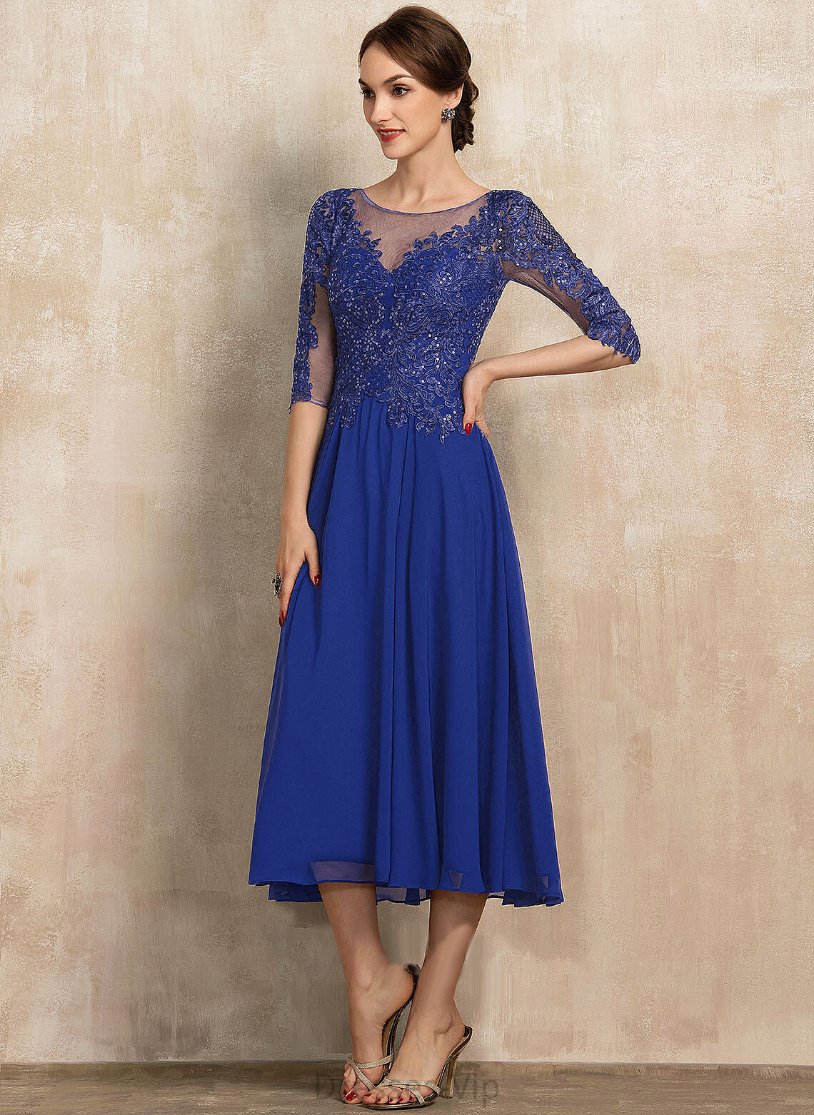 Tea-Length Dress Lace With Neck Cocktail Cocktail Dresses Sequins Scoop Aliana Chiffon A-Line