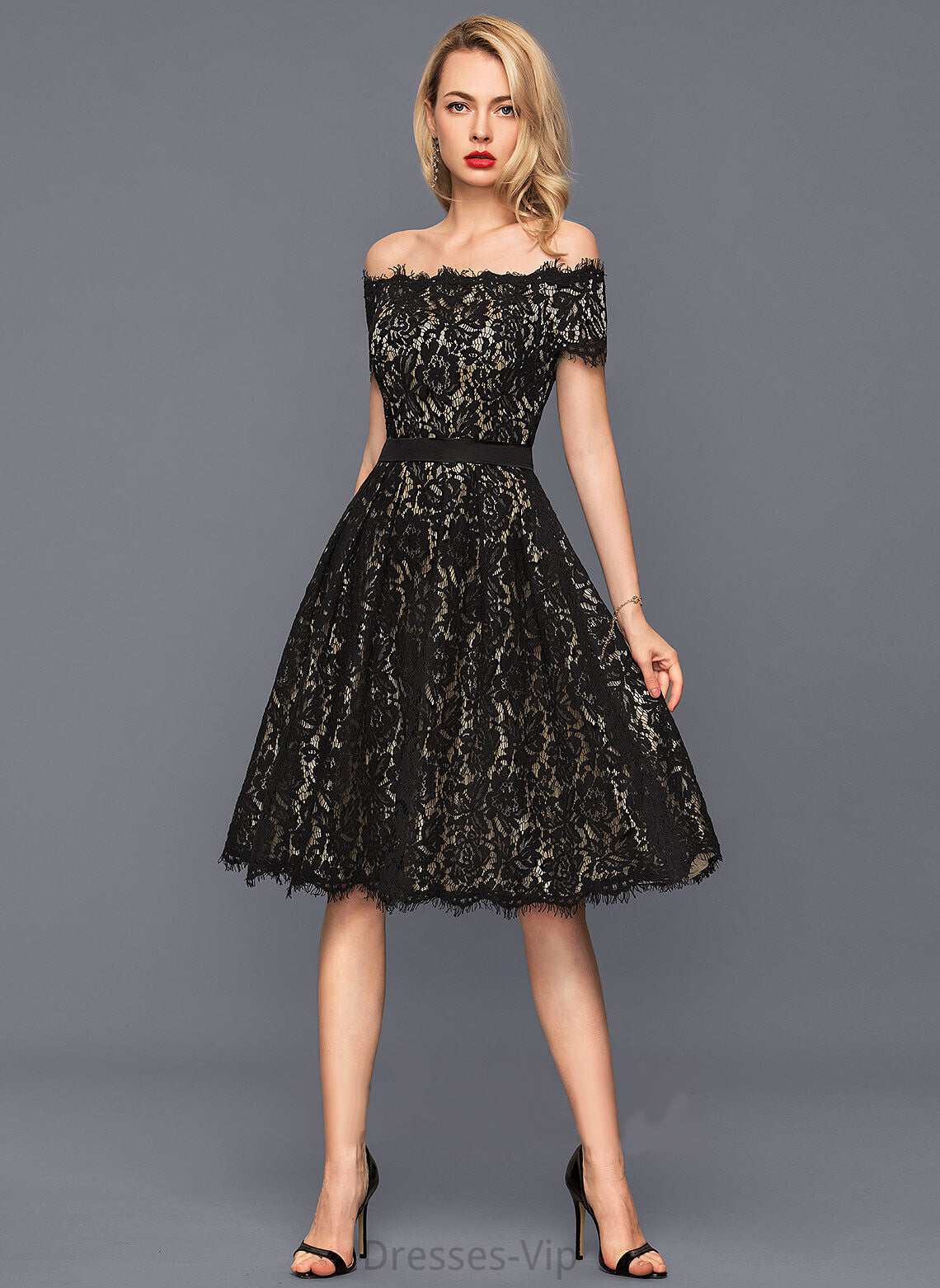 A-Line Knee-Length Dress Lace Off-the-Shoulder Brooke Cocktail Dresses Cocktail Charmeuse