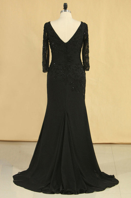 2024 Black Mother Of The Bride Dresses V Neck Chiffon With Beads 3/4 Length Sleeve