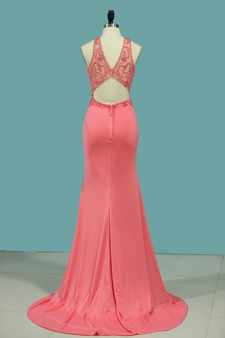 2024 Mermaid Scoop Prom Dresses Spandex With Beading Sweep Train Open Back