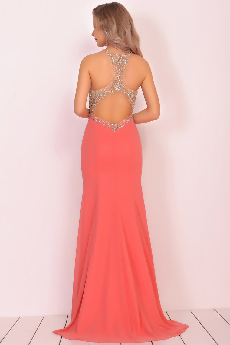 2024 Mermaid Scoop Chiffon Prom Dresses With Beads And Slit