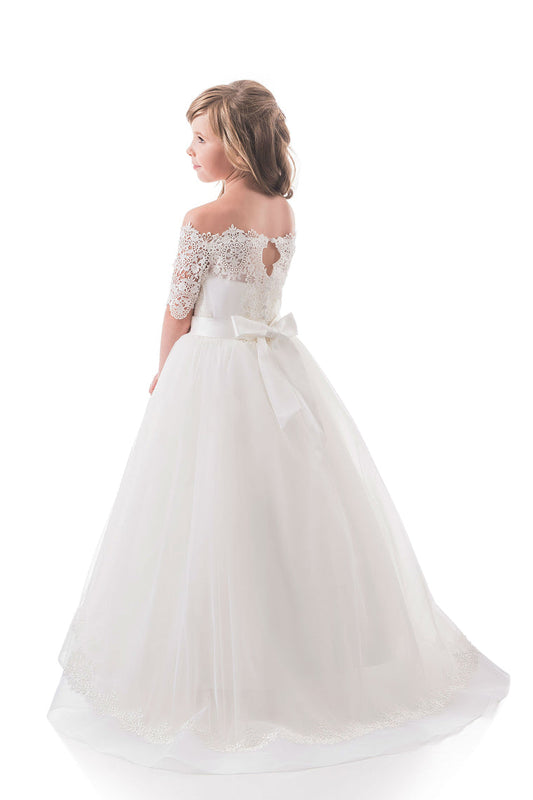 2024 Boat Neck Mid-Length Sleeves A Line Tulle With Applique Flower Girl Dresses