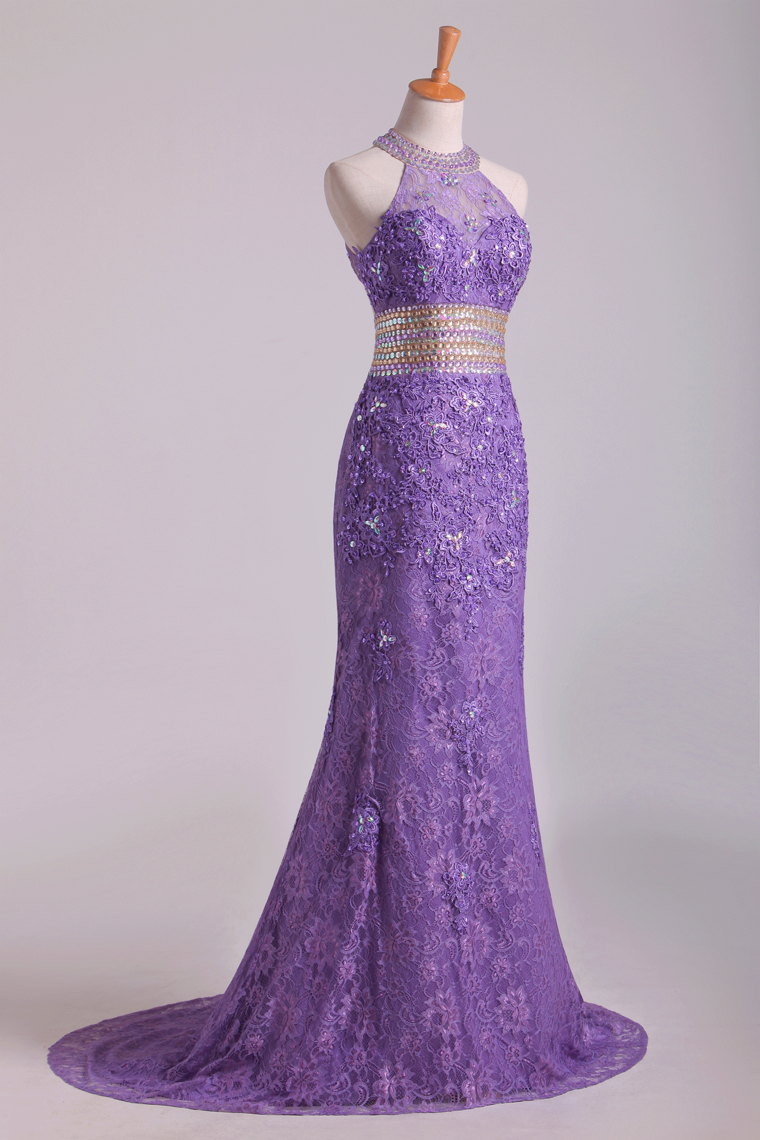 2024 Popular Mermaid High Neck Prom Dresses Lace With Beads Sweep Train Purple