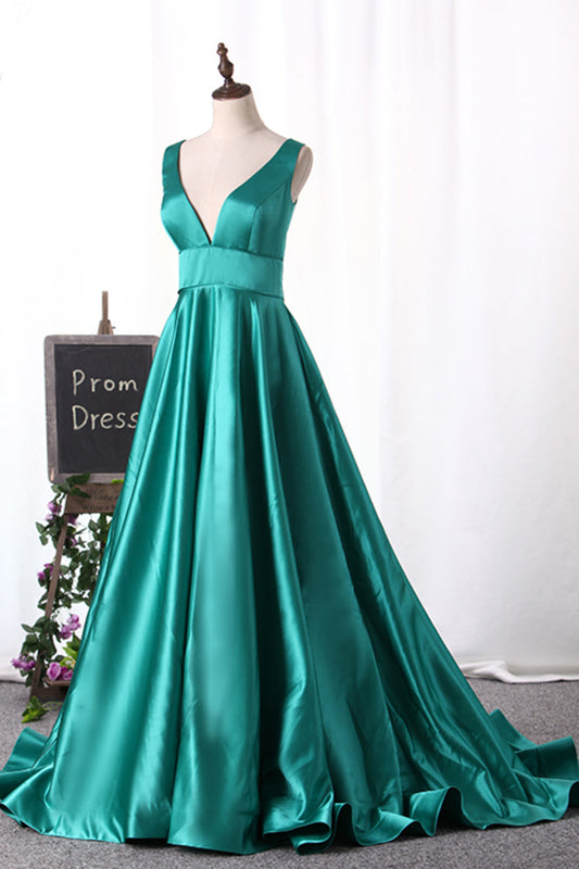 2024 A Line Evening Dresses V Neck Satin Sweep Train Open Back