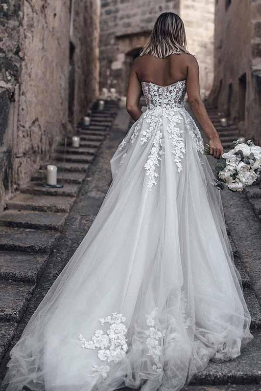 Romantic Sweetheart Strapless Open Back Sweep Train Lace Appliques A Line Wedding Dresses