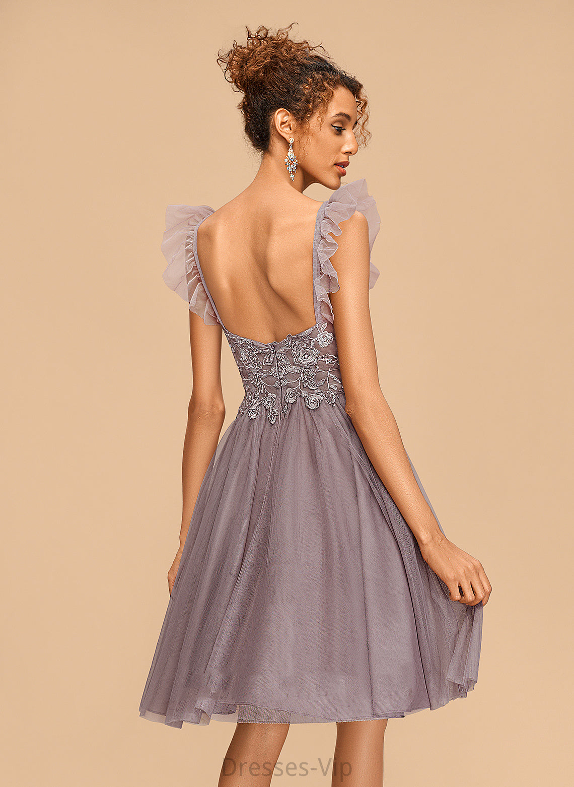 Tulle Homecoming V-neck A-Line Cascading Monique Dress Knee-Length Lace With Homecoming Dresses Ruffles