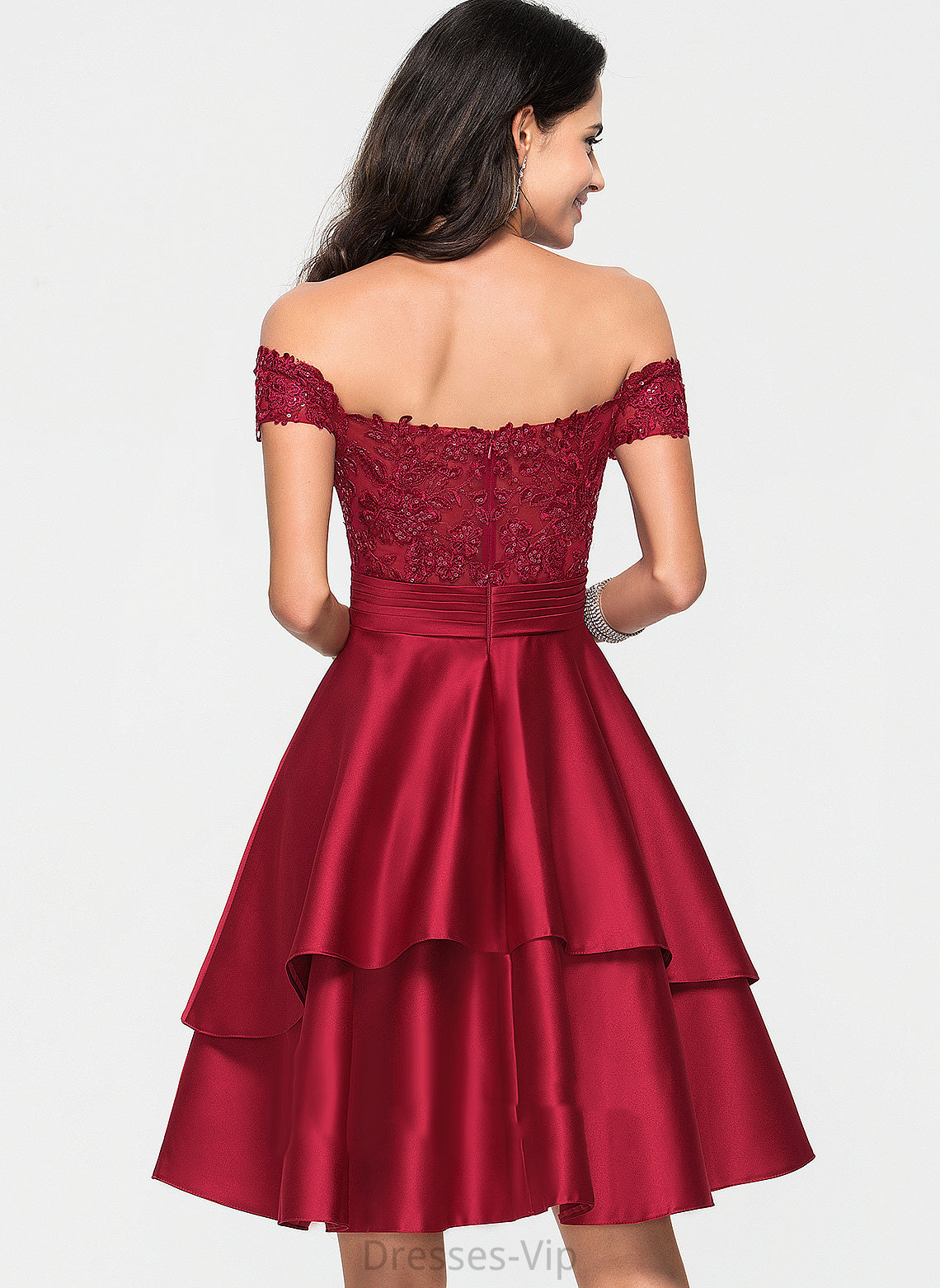 Knee-Length Satin A-Line Lace Homecoming With Mckenzie Homecoming Dresses Sequins Off-the-Shoulder Dress