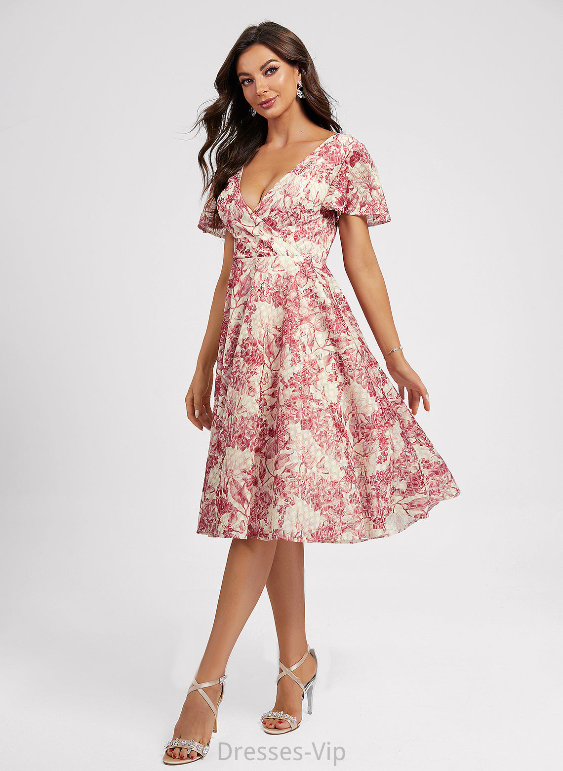 Knee-Length Dress Flower(s) Cocktail V-neck Novia Lace Cocktail Dresses With A-Line