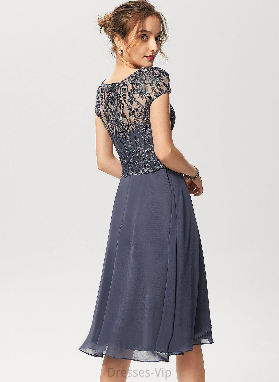 Chiffon Scoop Moira Neck Cocktail Ruffles Dress A-Line Cascading Cocktail Dresses Knee-Length Lace With