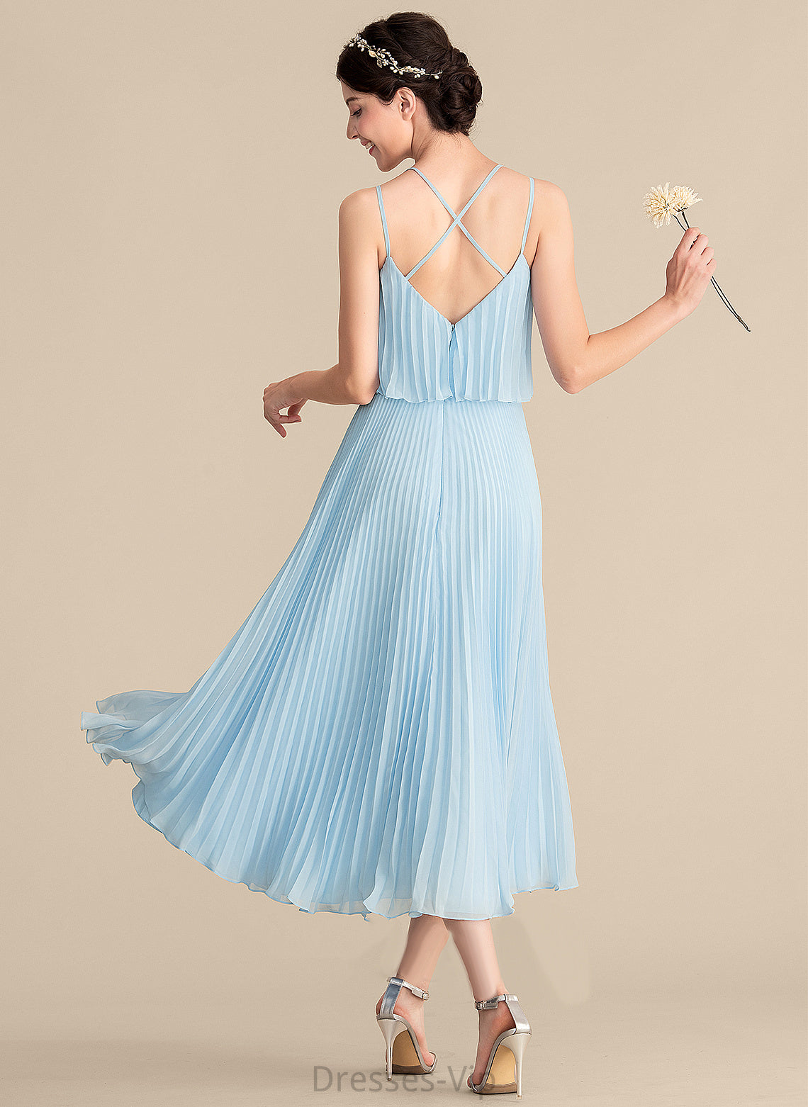 Cocktail Dresses Pleated Chiffon Dress Cocktail With Celia V-neck Tea-Length A-Line