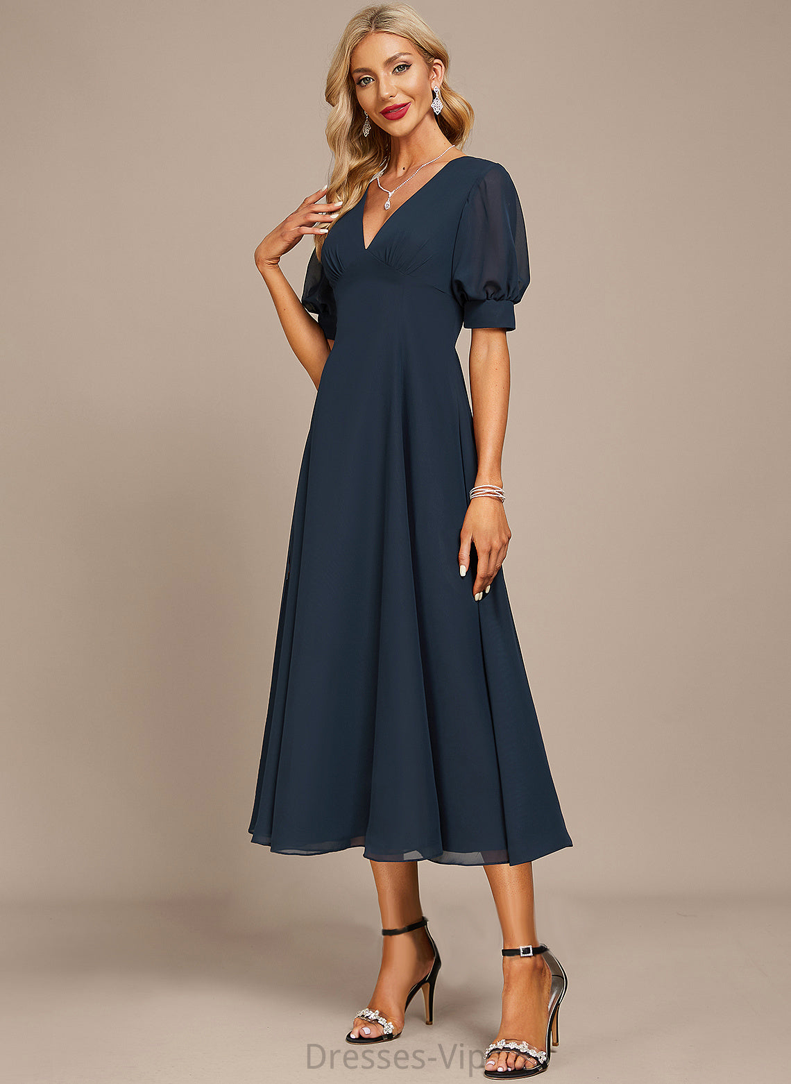 A-Line Mavis V-neck Cocktail Ruffle Tea-Length Chiffon With Cocktail Dresses Dress