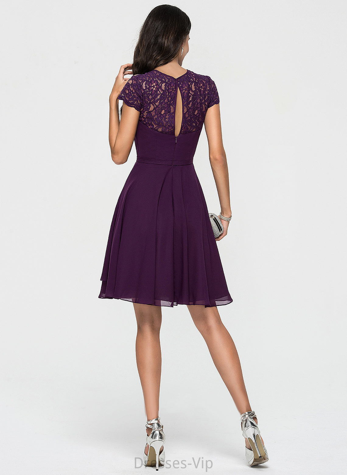 A-Line Homecoming Ruffles Homecoming Dresses Dress With Lace Scoop Knee-Length Neck Cascading Chiffon Pearl