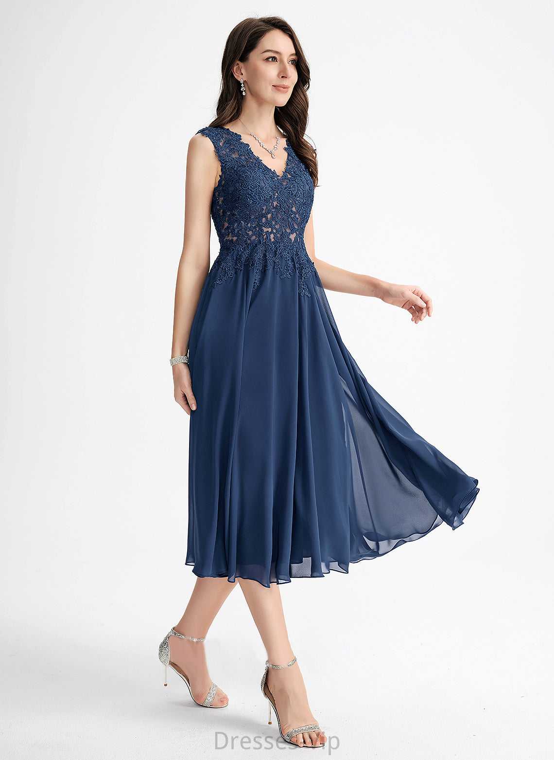 Lace Chiffon Tea-Length A-Line Cocktail Cocktail Dresses V-neck Deborah Dress