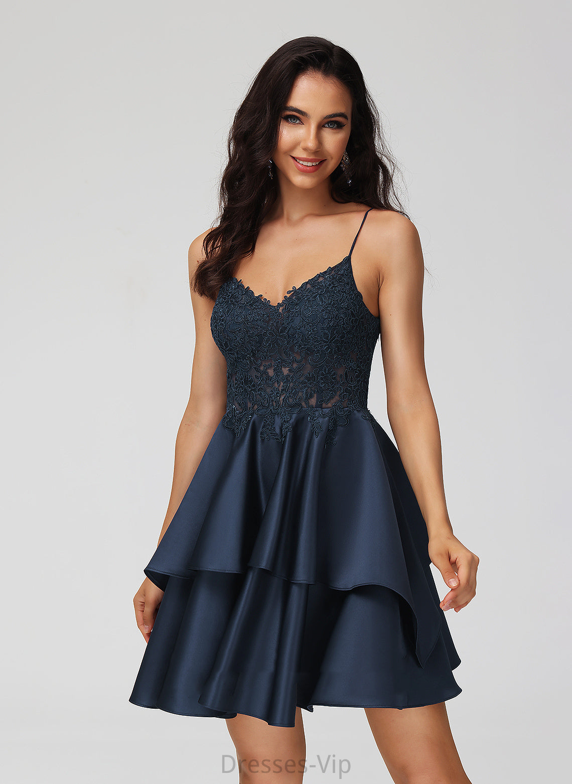 Satin Dress Homecoming Lace A-Line With Short/Mini Homecoming Dresses V-neck Juliet