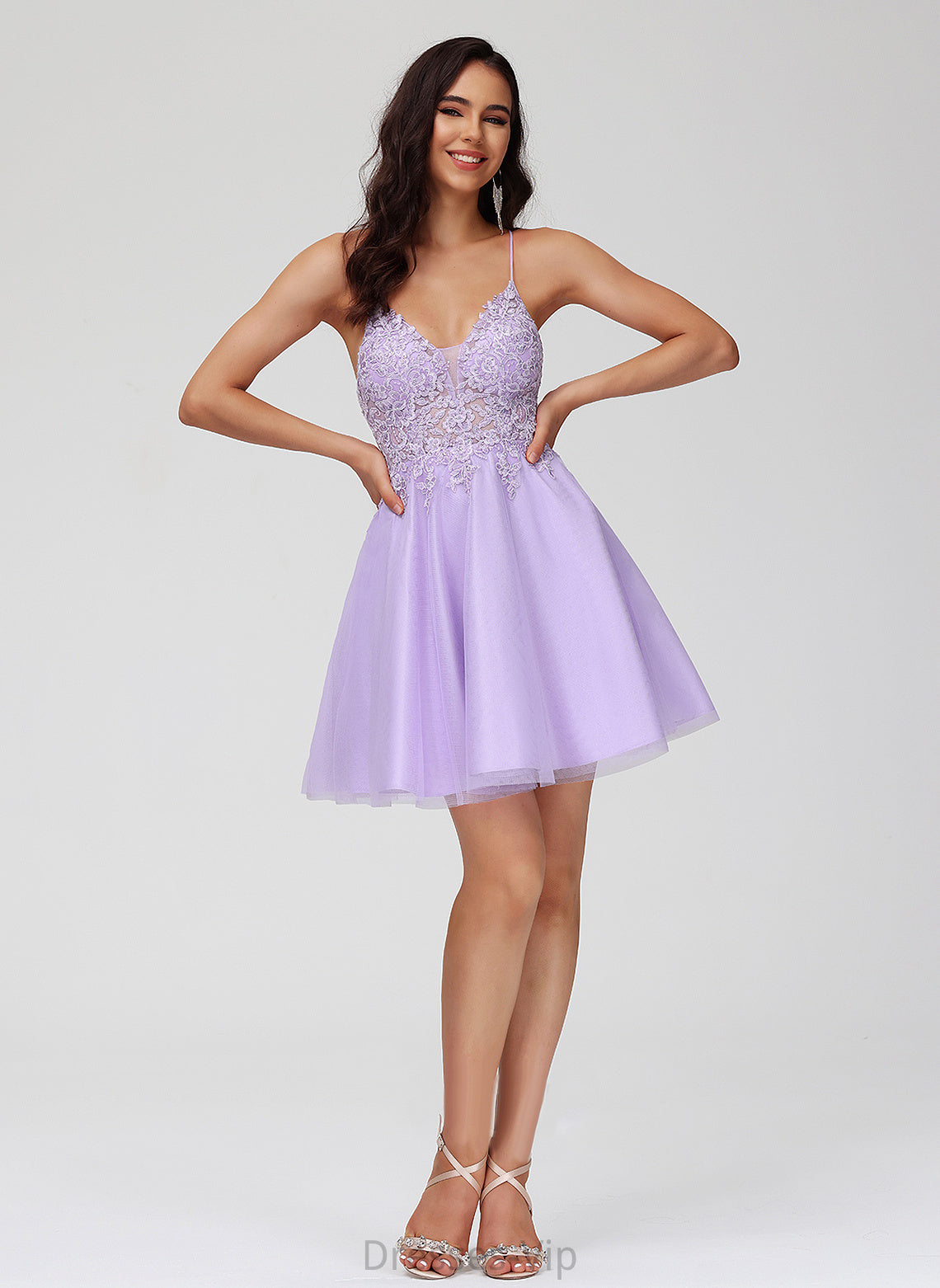 Lace Ginny Tulle A-Line Dress Short/Mini Homecoming Dresses V-neck With Homecoming Beading