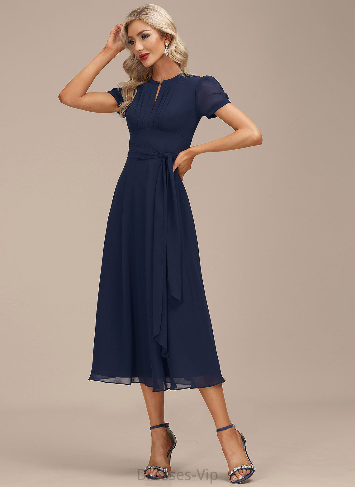 Scoop Cocktail Dresses Ruffle Tea-Length Ashlynn Cocktail Chiffon A-Line Dress With Neck