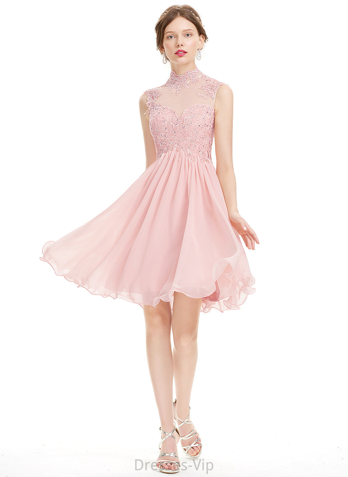 Dress Homecoming Dresses Chiffon High A-Line Knee-Length With Lace Emilie Neck Beading Homecoming