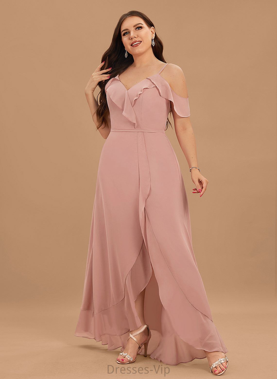 Cocktail A-Line Jada Ruffles Asymmetrical V-neck Chiffon Cascading Cocktail Dresses With Dress