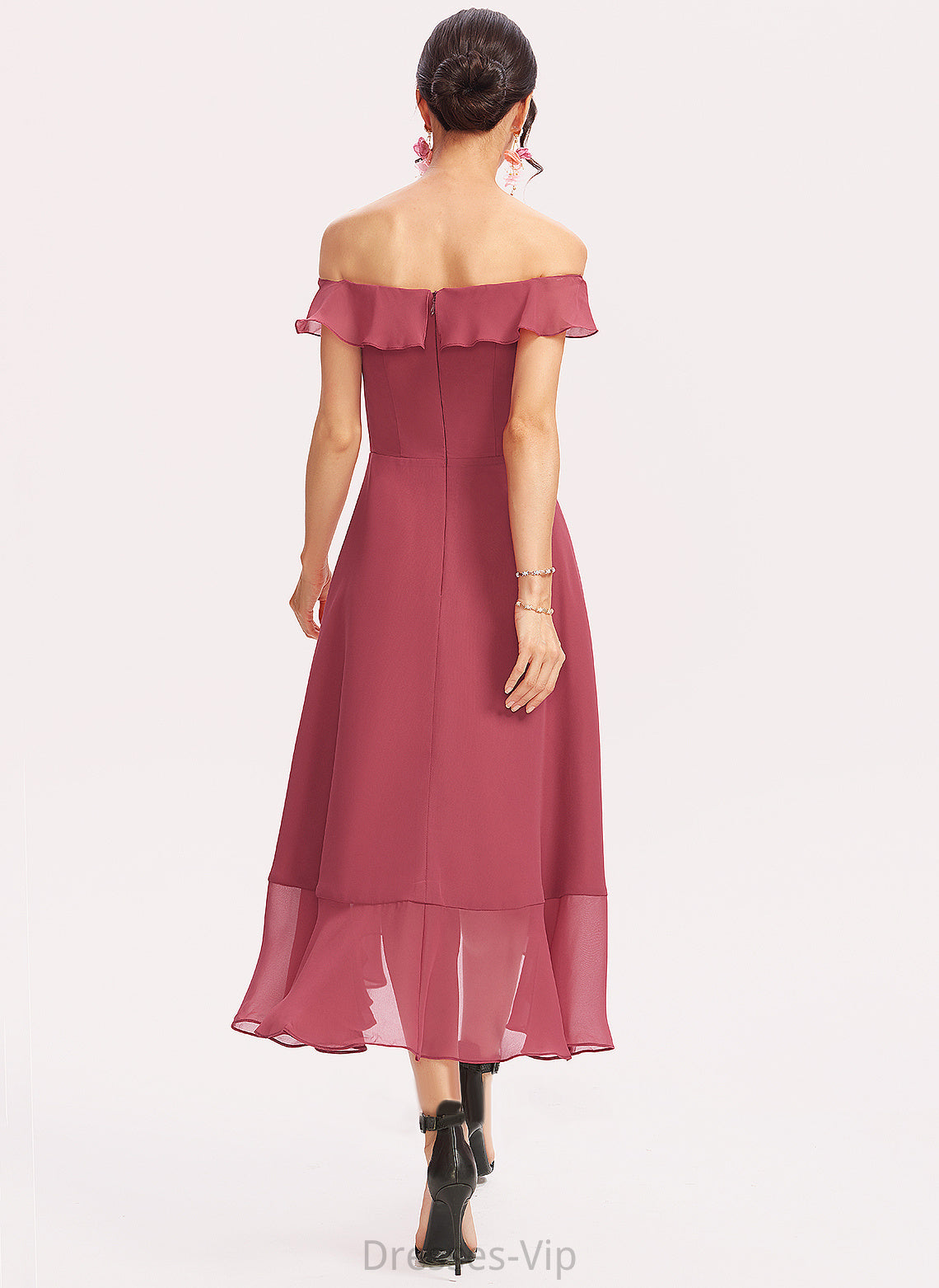 Cocktail Tea-Length Cocktail Dresses A-Line Ruffles Off-the-Shoulder Chiffon Cascading With Dress Renata